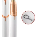 Depilador de cejas eléctrico blanco con detalles en cobre, doble cabezal intercambiable y cable USB incluido.