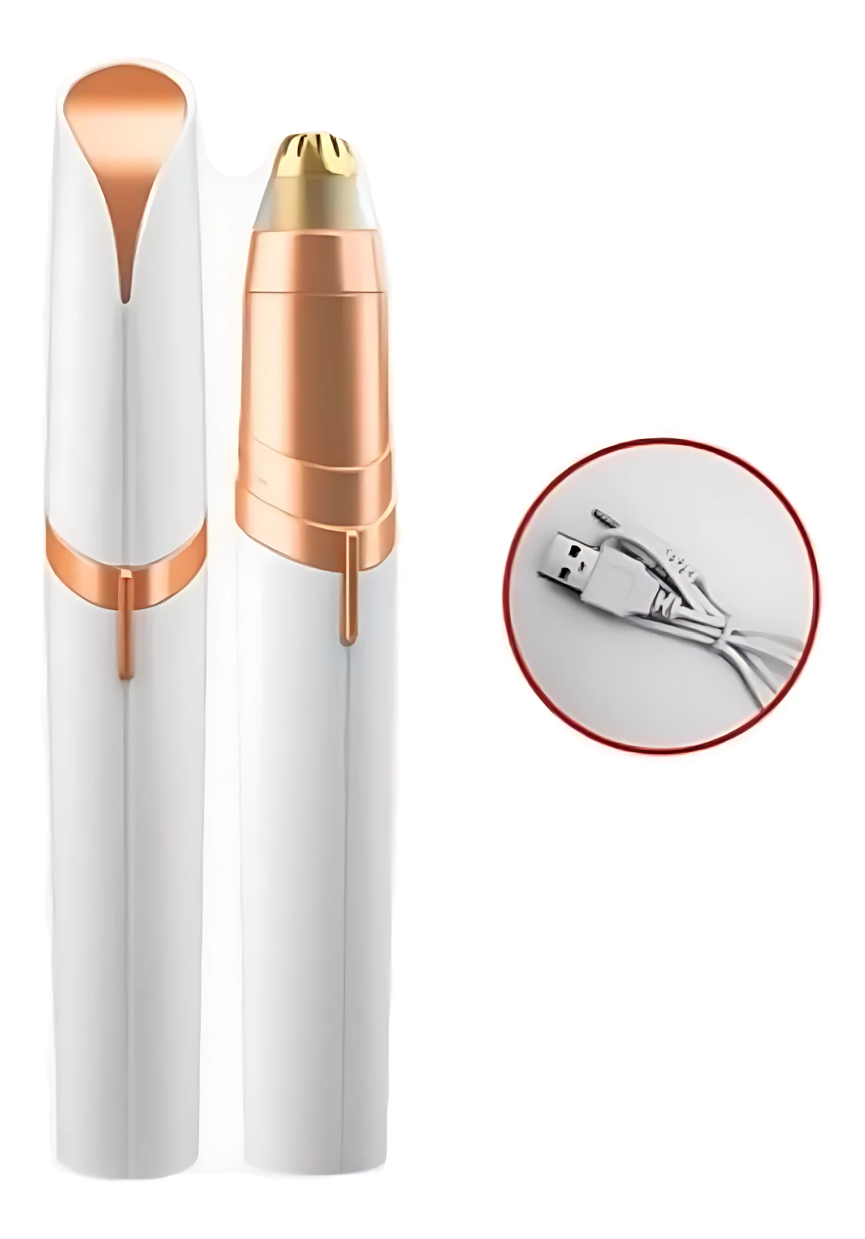 Depilador de cejas eléctrico blanco con detalles en cobre, doble cabezal intercambiable y cable USB incluido.