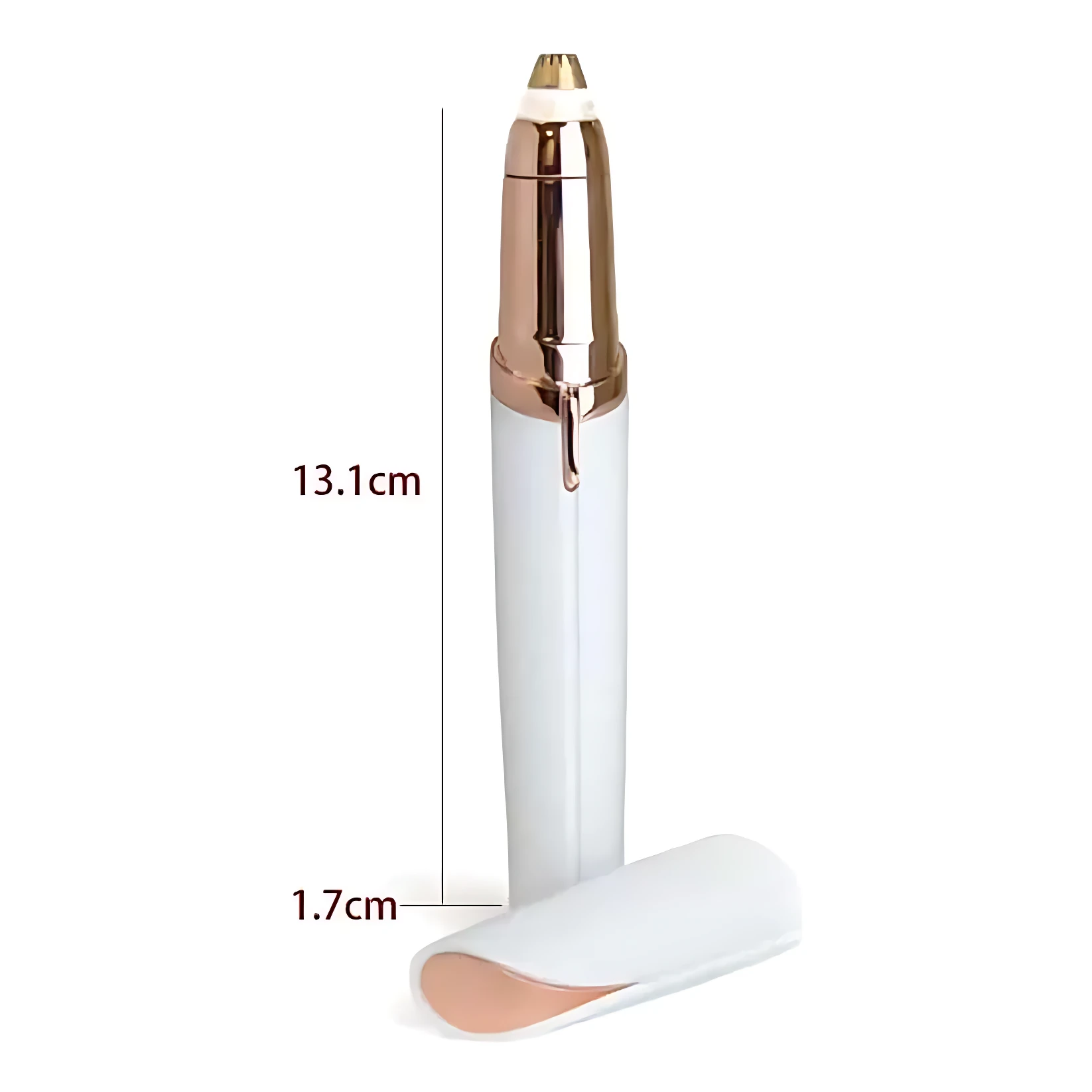 Depiladora recargable Flawless Cejas en blanco y dorado, con medidas de 13,1 cm de altura y 1,7 cm de diámetro, mostrando protector incluido.