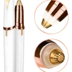Depiladora recargable Flawless Cejas, set de dos unidades con acabado blanco y detalles en cobre, incluye vista del cabezal de precisión y filtro protector.