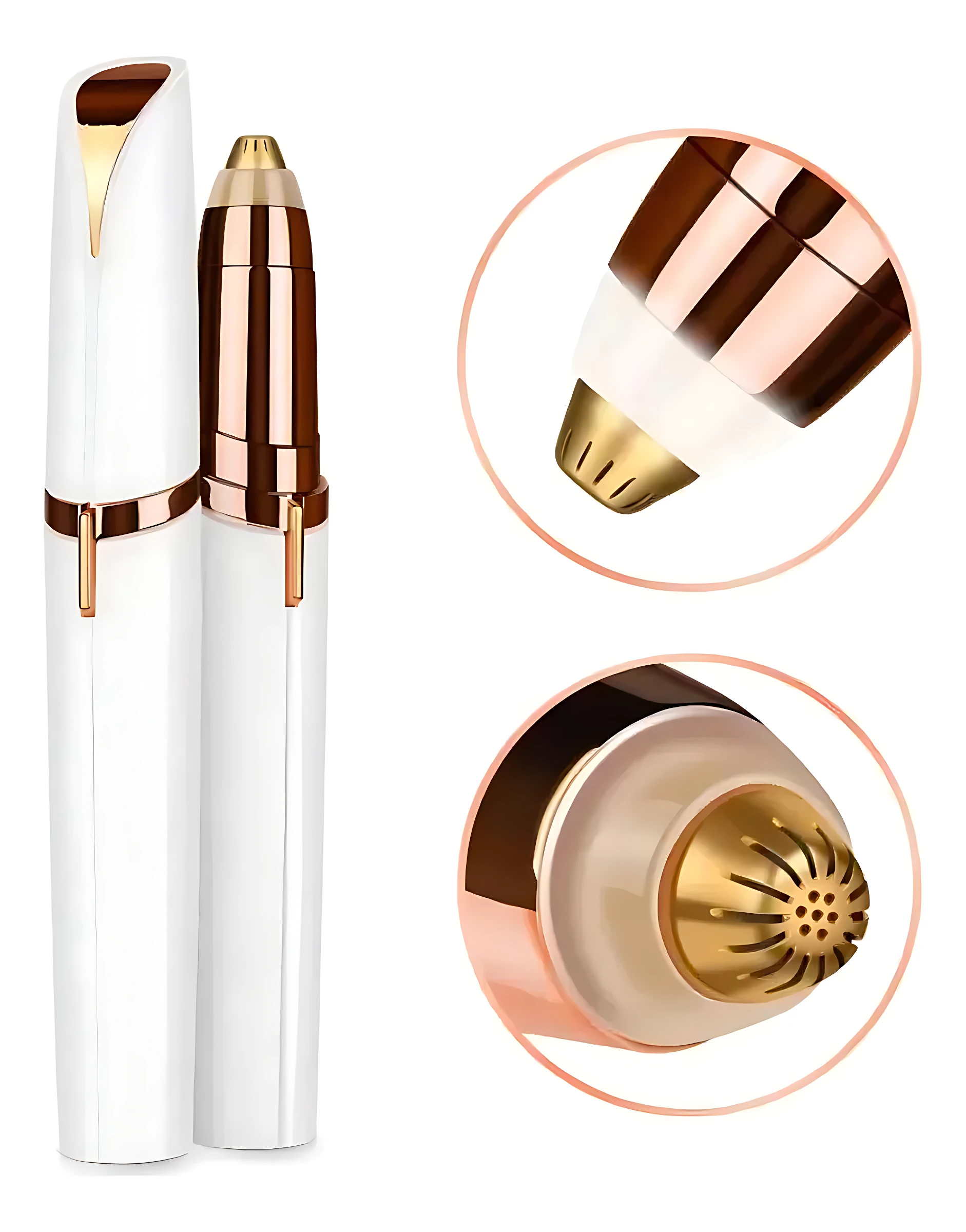 Depiladora recargable Flawless Cejas, set de dos unidades con acabado blanco y detalles en cobre, incluye vista del cabezal de precisión y filtro protector.
