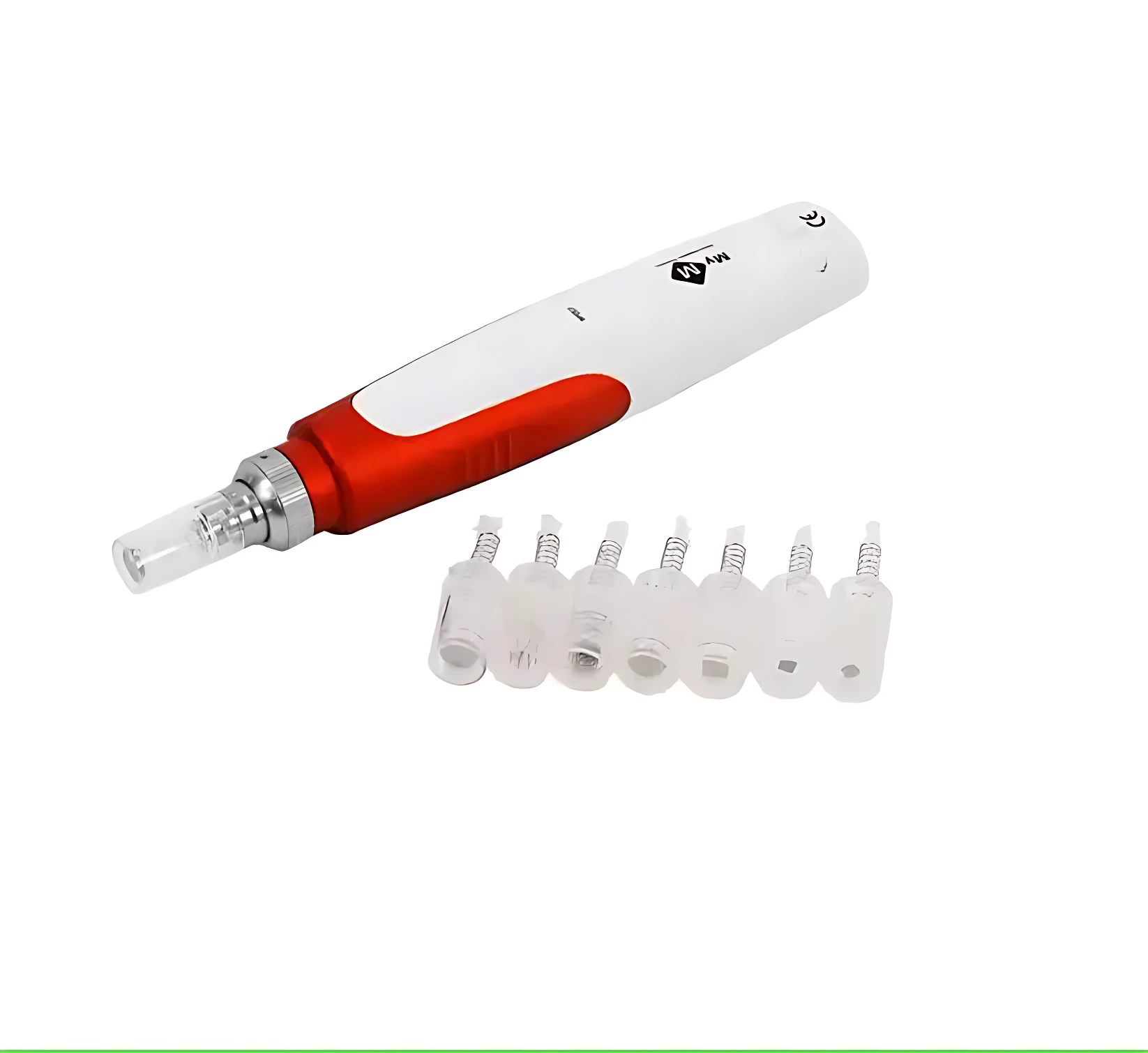 Derma pen ergonómico blanco y rojo con seis puntas intercambiables para tratamiento facial.
