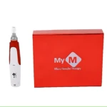 Derma Pen ergonómico blanco y rojo con caja roja que dice My M Micro Needle Therapy.