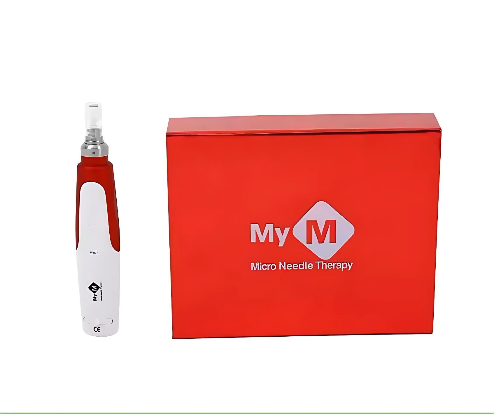 Derma Pen ergonómico blanco y rojo con caja roja que dice My M Micro Needle Therapy.