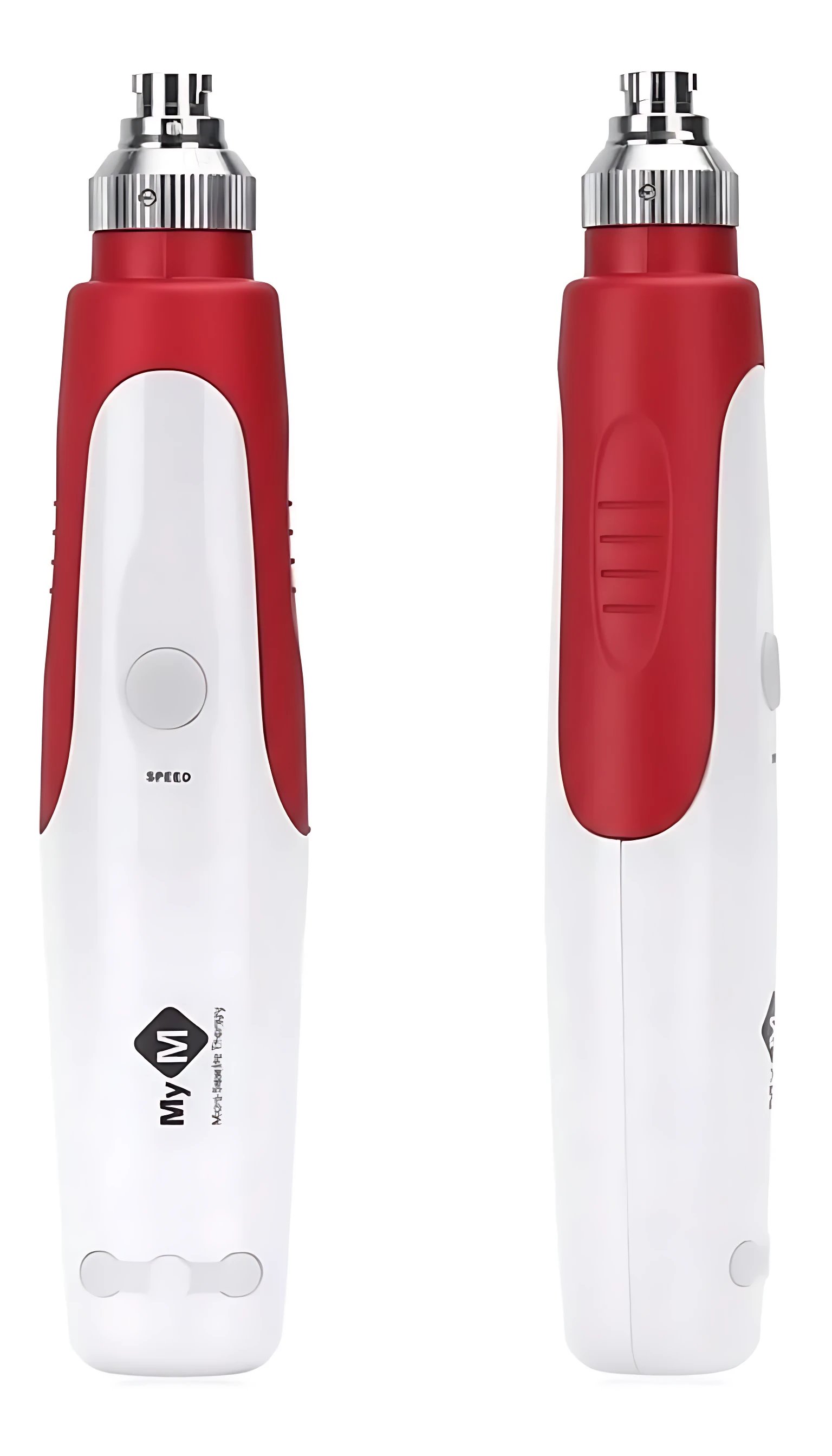 Dermapen MYM recargable mixto en rojo y blanco, con cabezal metálico y botón de velocidad visible.