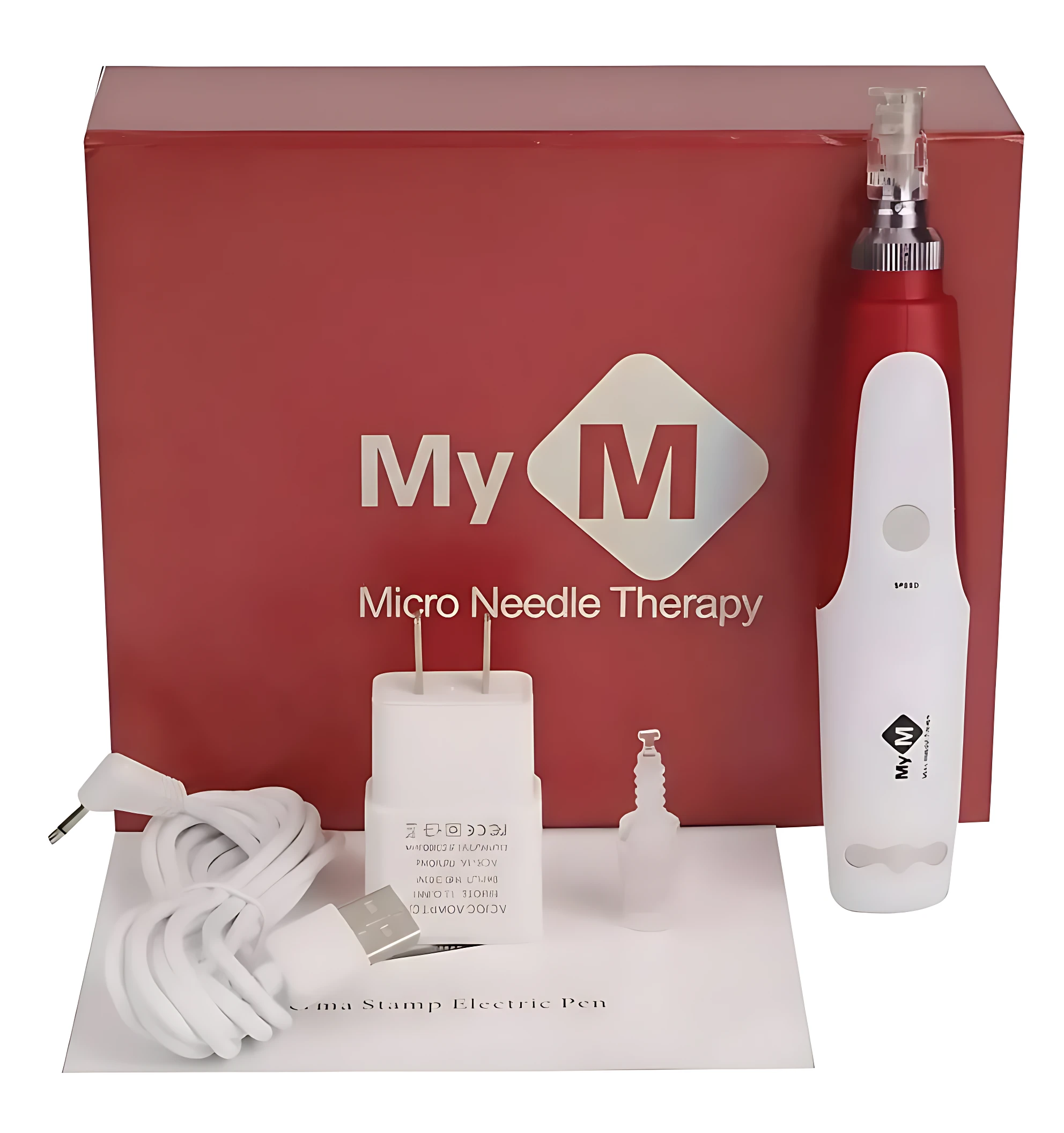 Dermapen MYM recargable en blanco y rojo, con base de carga, cable USB y accesorios, sobre caja roja con logo.