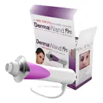 Dispositivo Dermawand Pro de alta frecuencia con mango blanco y morado, cable incluido y caja de presentación mostrando resultados faciales.