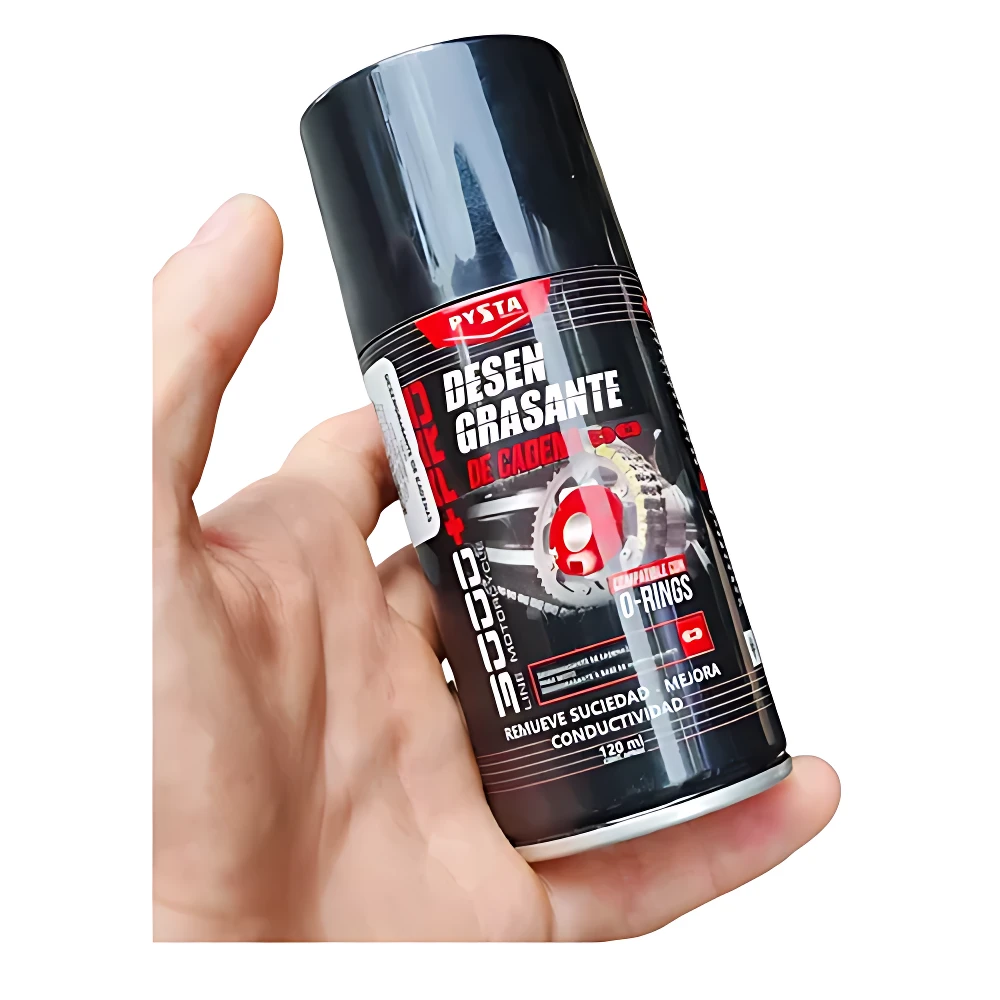 Botella de 120 ml de desengrasante Pysta para cadenas de moto o bici, con etiqueta negra y roja, mostrando engranajes y texto en español.