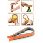 Destapador ergonómico naranja con mango antideslizante y base de goma, mostrando uso en botellas de vidrio y plástico en cuatro vistas.