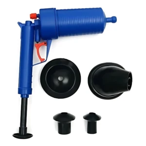Destapador manual azul con mango ergonómico y cuatro boquillas negras para limpieza de tuberías.