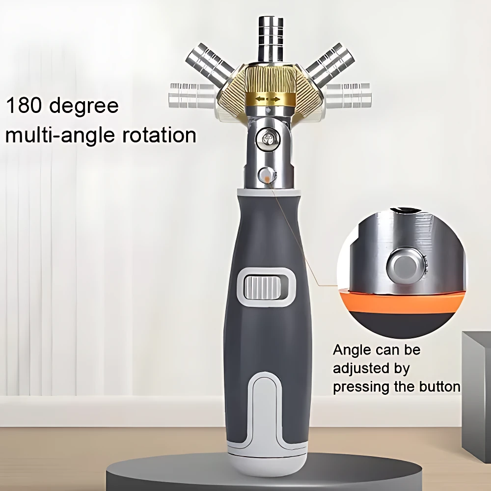 Destornillador de trinquete 10 en 1 con mango ergonómico gris y detalles plateados, cabezal giratorio 180 grados ajustable mediante botón, ideal para reparaciones en espacios reducidos.
