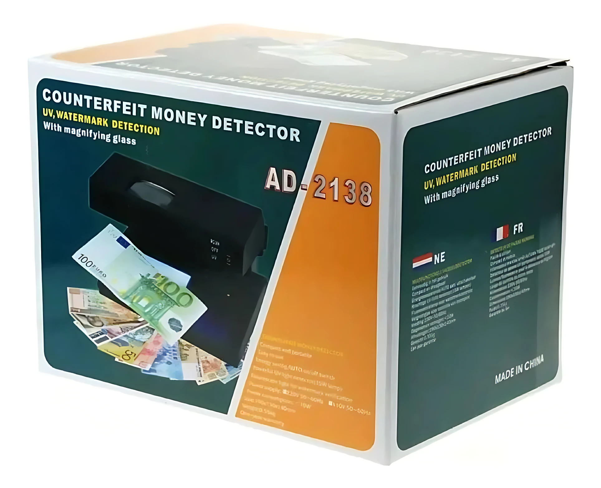 Caja del detector de billetes falsos AD-2138, con luz UV y lupa integrada, mostrando billetes de euro en su interior.