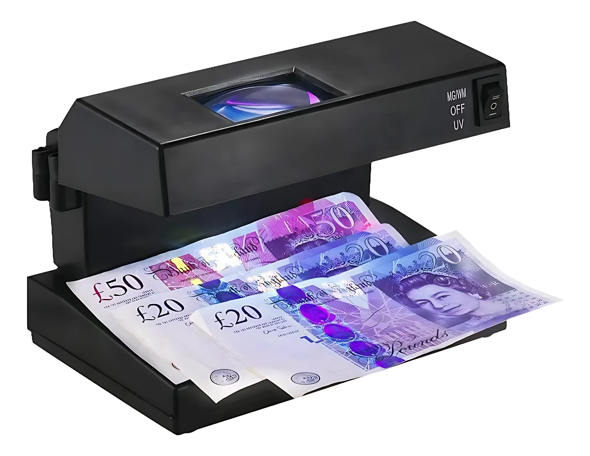 Detector de billetes falsos negro con luz UV y lupa, mostrando billetes de 50 y 20 libras bajo análisis en su bandeja.