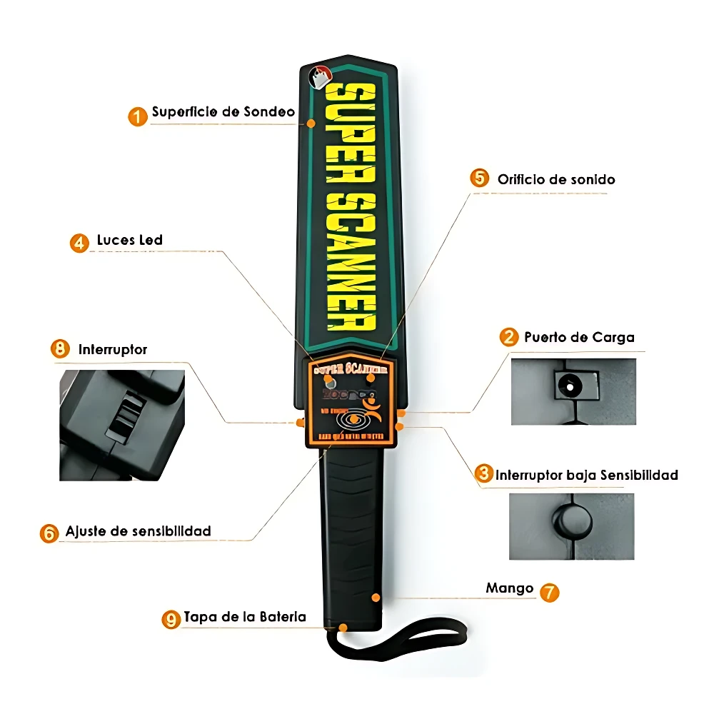 Detector de metales portátil con pantalla LED, mango ergonómico y controles de sensibilidad. Incluye luces, puerto de carga y alarma visual y vibratoria. Ideal para control de acceso.