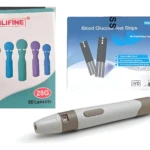 Kit de control de glucosa con 50 tiras de prueba y 28 lancetas, incluye dispositivo de punción y caja con lancetas en colores amarillo, azul, verde, morado y celeste.