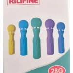 Pack de 50 lancetas de 28G para glucómetro, con mango en colores amarillo, azul, verde, morado y celeste, presentadas sobre fondo blanco con marca RILIFINE.