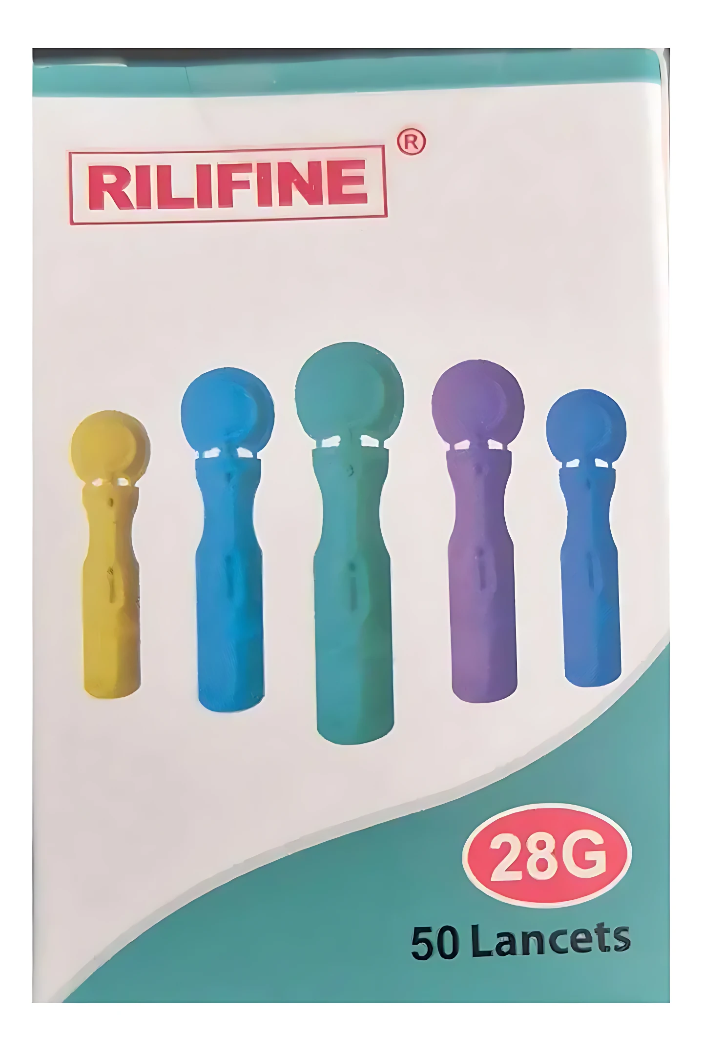 Pack de 50 lancetas de 28G para glucómetro, con mango en colores amarillo, azul, verde, morado y celeste, presentadas sobre fondo blanco con marca RILIFINE.
