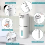 Dispensador automático de jabón en espuma, color blanco, con sensor táctil y depósito desmontable. Incluye diagrama de uso: carga USB, instalación del reservorio, llenado de jabón, activación por toque y dispensado de espuma.