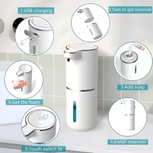 Dispensador automático de jabón en espuma, color blanco, con sensor táctil y depósito desmontable. Incluye diagrama de uso: carga USB, instalación del reservorio, llenado de jabón, activación por toque y dispensado de espuma.
