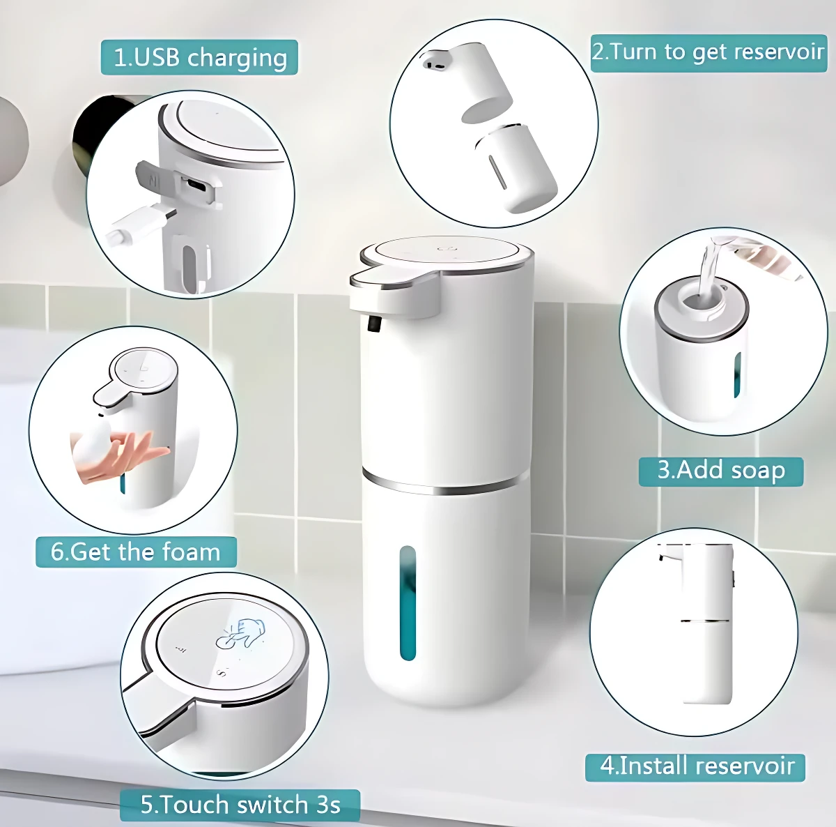 Dispensador automático de jabón en espuma, color blanco, con sensor táctil y depósito desmontable. Incluye diagrama de uso: carga USB, instalación del reservorio, llenado de jabón, activación por toque y dispensado de espuma.