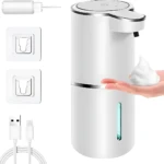 Dispensador automático de jabón en espuma, color blanco, con sensor y luz azul. Incluye adaptadores de pared y cable USB.