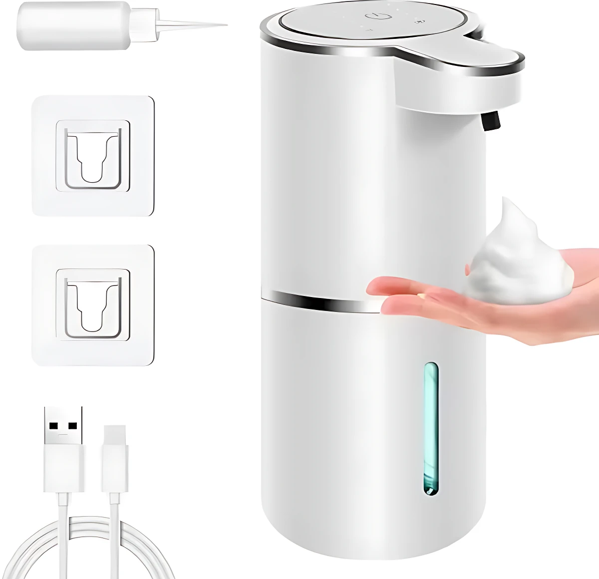 Dispensador automático de jabón en espuma, color blanco, con sensor y luz azul. Incluye adaptadores de pared y cable USB.