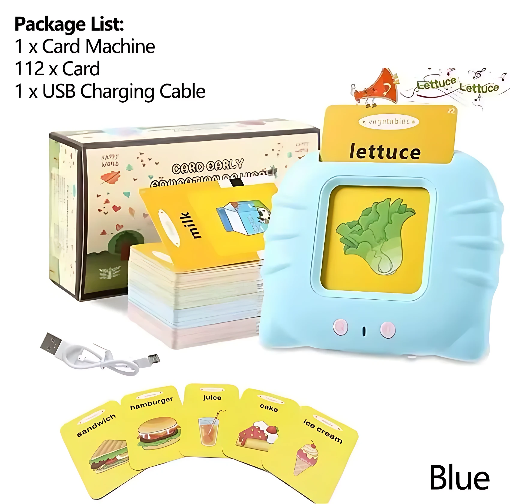 Di Lector Interactivo en color azul, mostrando la tarjeta de lechuga insertada en la pantalla. Incluye caja, cargador USB y tarjetas de vocabulario en inglés y español.