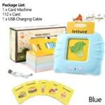 Di Lector Interactivo en color azul, mostrando la tarjeta de "lechuga" insertada en su pantalla. Incluye pilas de tarjetas de vocabulario inglés-español y cable USB de carga.