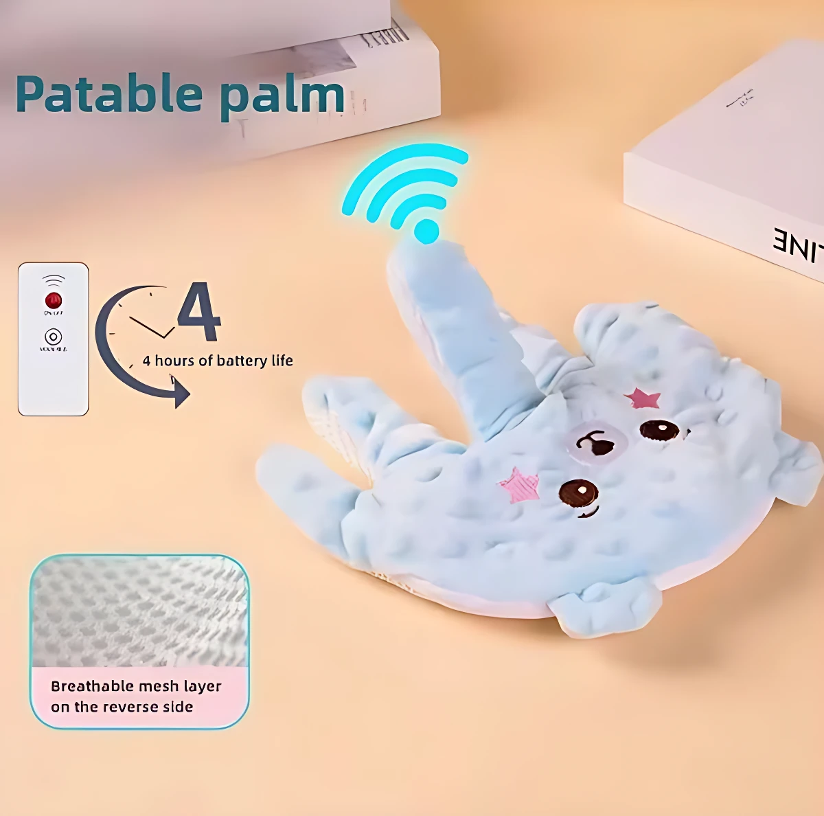 Di Manos Calmante Infantil azul claro con control remoto, textura de malla transpirable en reverso y diseño de animalito con estrellas rosas.