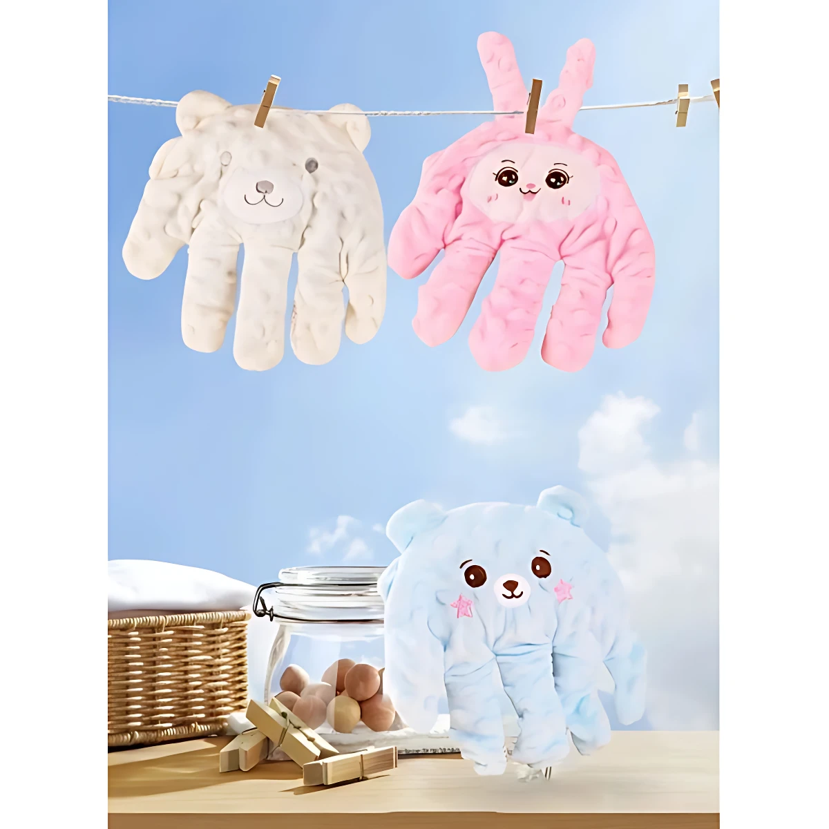 Tres guantes calmantes infantiles en colores blanco, rosa y azul, con diseño de animalitos y textura suave, colgados en una cuerda junto a un frasco de huevos y una cesta.