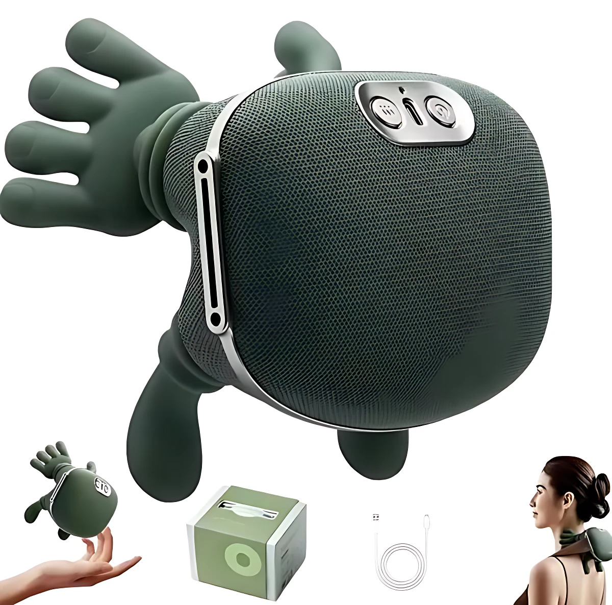 Masajeador ergonómico verde oscuro con forma de mano, textura de rejilla y botones metálicos en la parte superior. Incluye cable y caja de presentación.