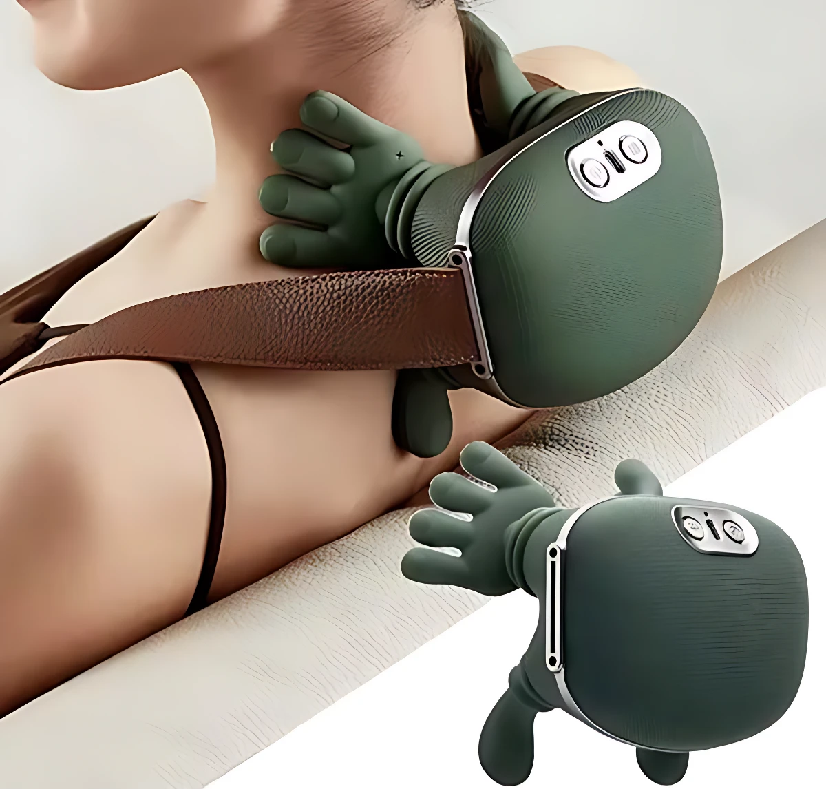 Masajeador ergonómico de manos en color verde oscuro, con textura suave y detalles metálicos, usado sobre el cuello y hombro de una persona; incluye variante adicional en primer plano.