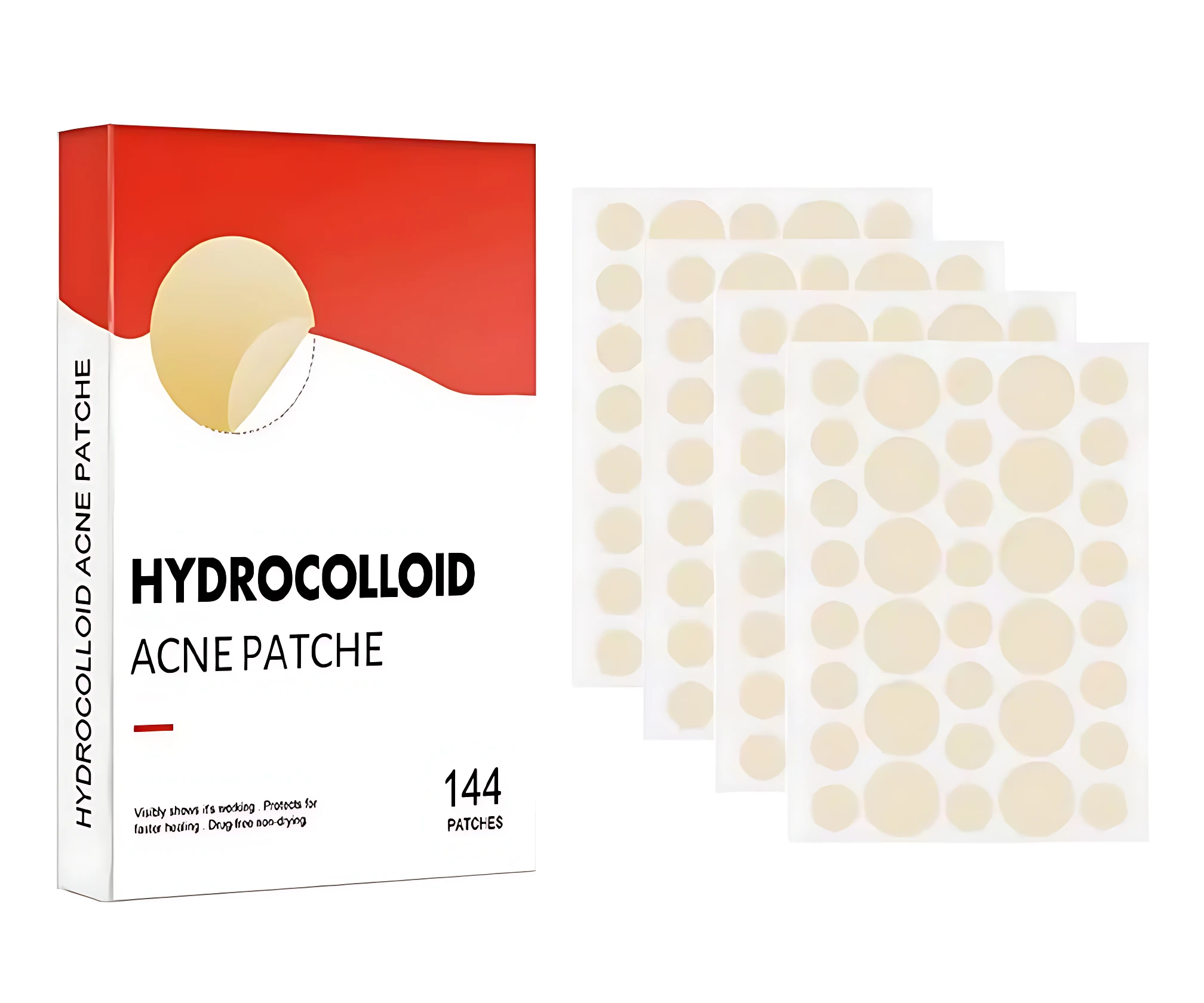 Caja de parches hidrocoloides blancos con diseño rojo y beige, mostrando 144 unidades en hojas transparentes.