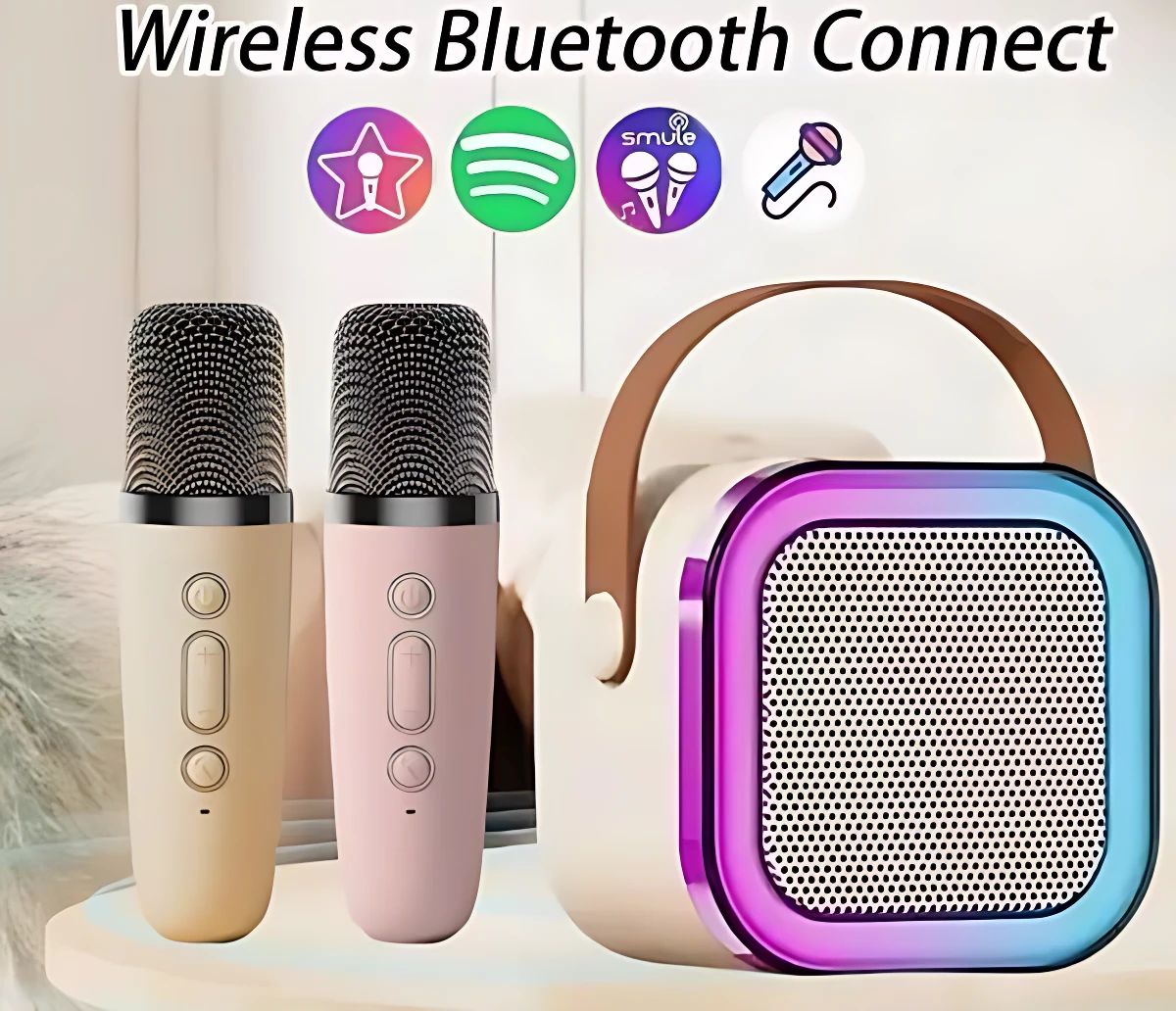 Parlante karaoke K12 con pantalla táctil, dos micrófonos inalámbricos y auriculares, en colores beige y rosa, con conectividad Bluetooth.