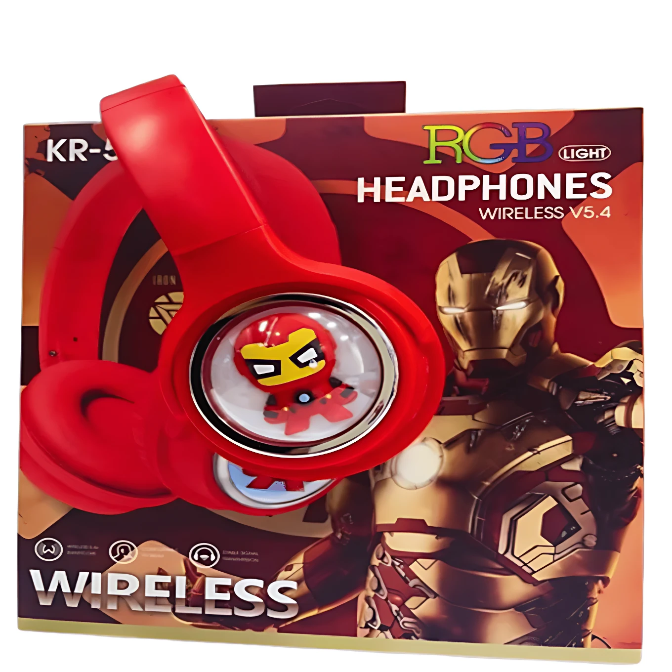 Diadema inalámbrica roja con luces RGB, diseño infantil con Iron Man en caja. Auriculares para niños con temática de superhéroe.