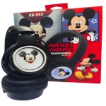 Diadema inalámbrica infantil negra con diseño de Mickey Mouse, empaque rojo con ilustraciones del personaje y logotipo visible.