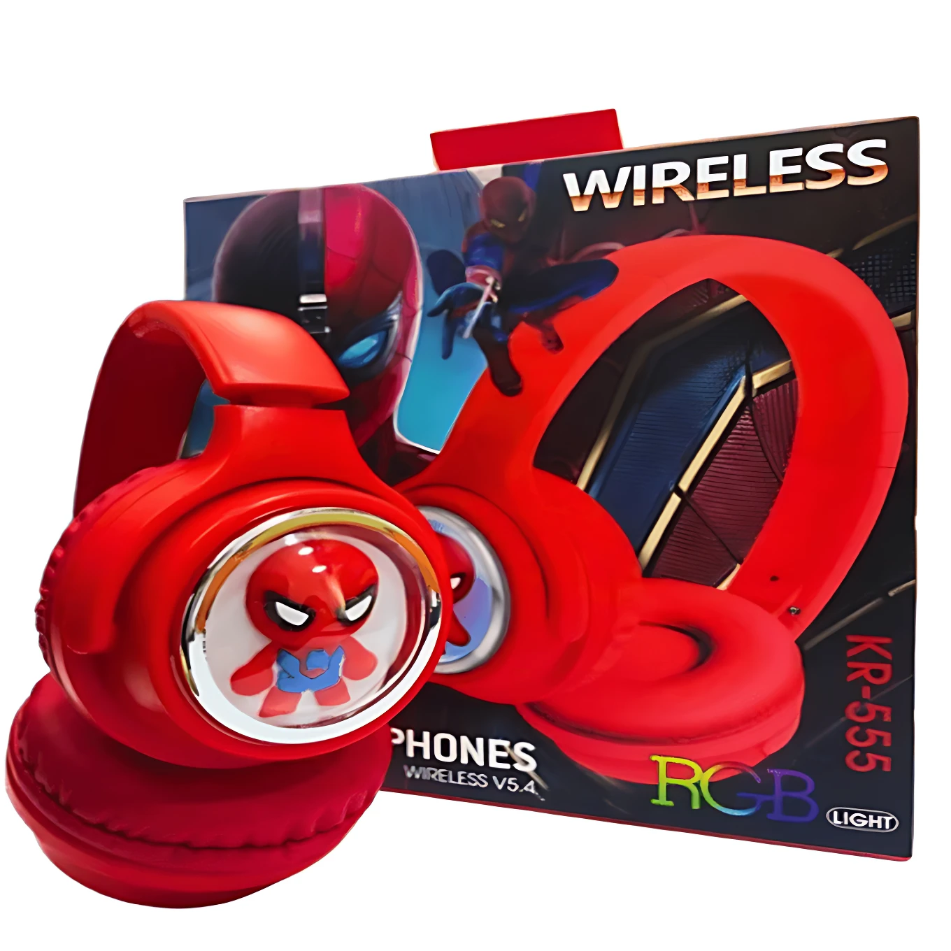 Diadema inalámbrica infantil roja con luces RGB, diseño de Spiderman, incluye caja de presentación con del héroe y texto visible.
