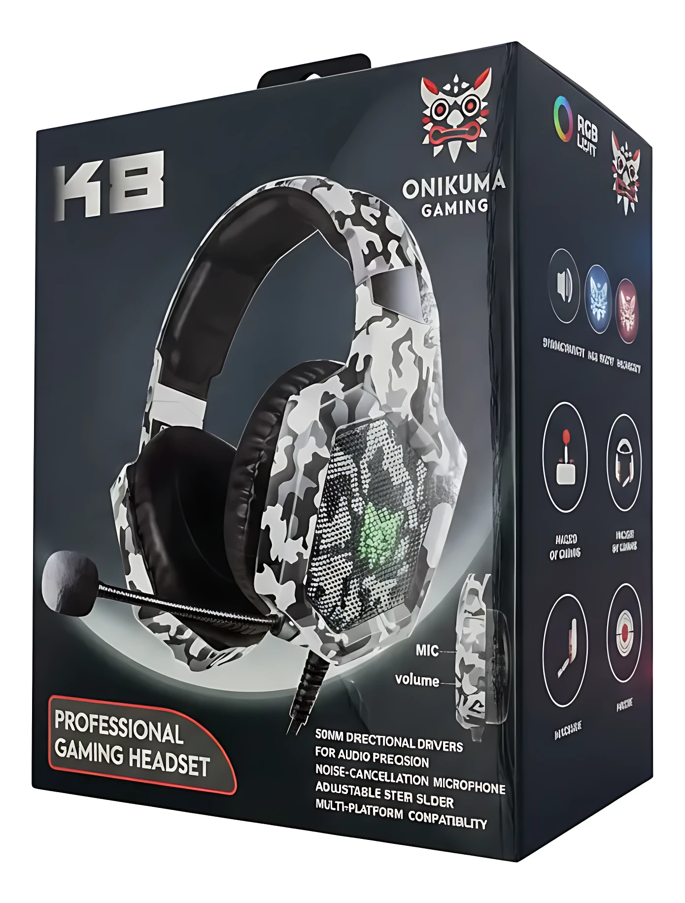 Diadema gamer Onikuma K8 en caja, con diseño de camuflaje blanco y negro, micrófono ajustable y luces LED verdes visibles.