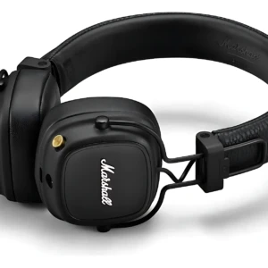 Diadema inalámbrica negra con almohadillas acolchadas y logo Marshall visible en lateral derecho, vista frontal sobre fondo blanco.