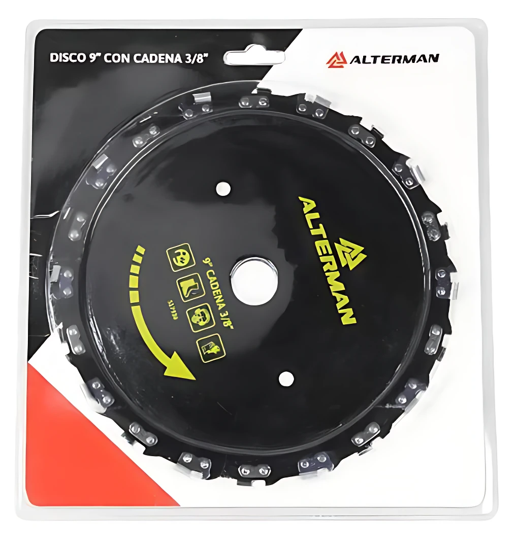 Disco con cadena de 9 pulgadas para motosierra Alterman, color negro con detalles en amarillo, visible en su empaque original.