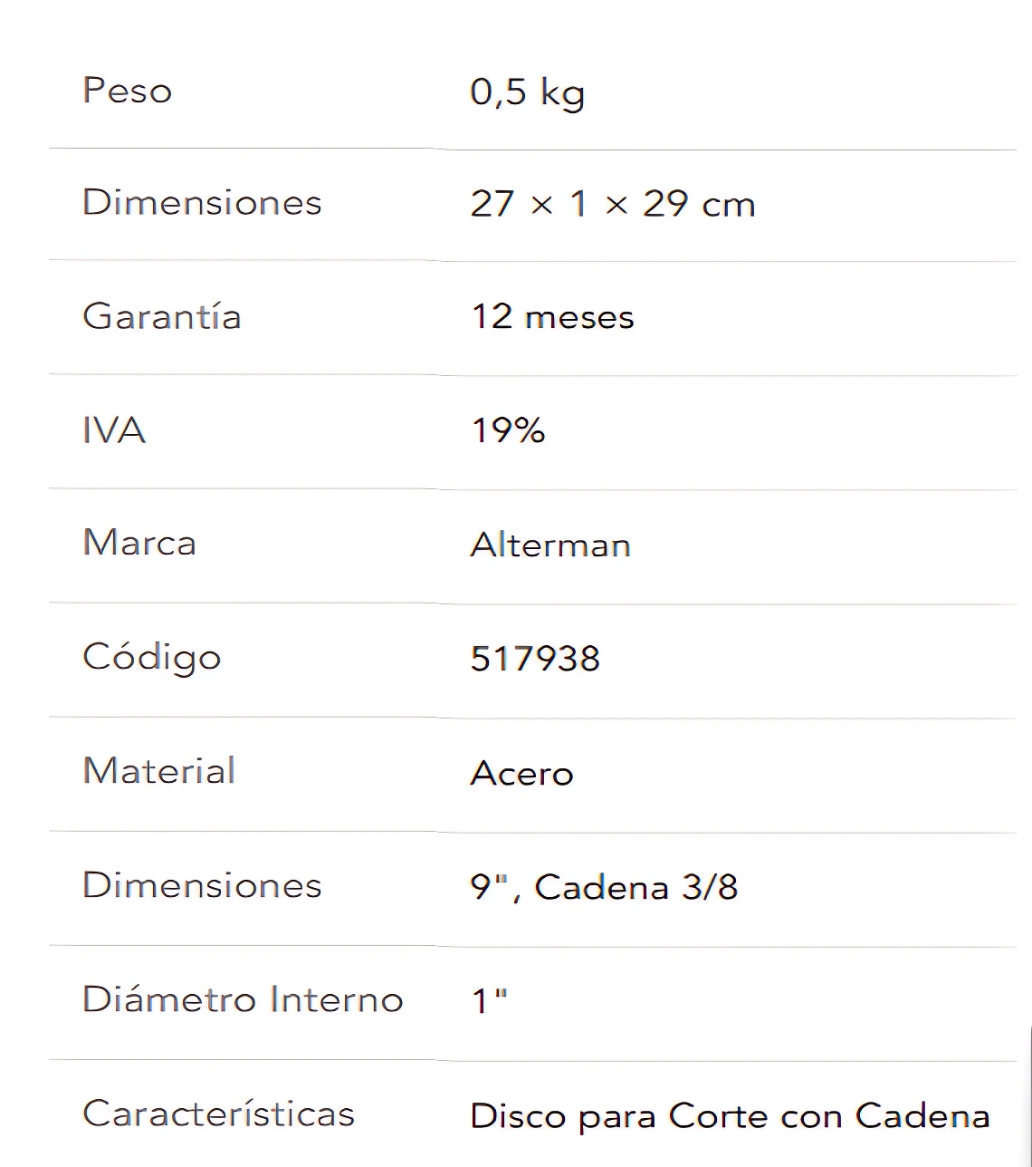 Disco de corte con cadena 3/8 de 9 pulgadas para motosierra Alterman, fabricado en acero, ideal para cortar madera dura y realizar podas con precisión.