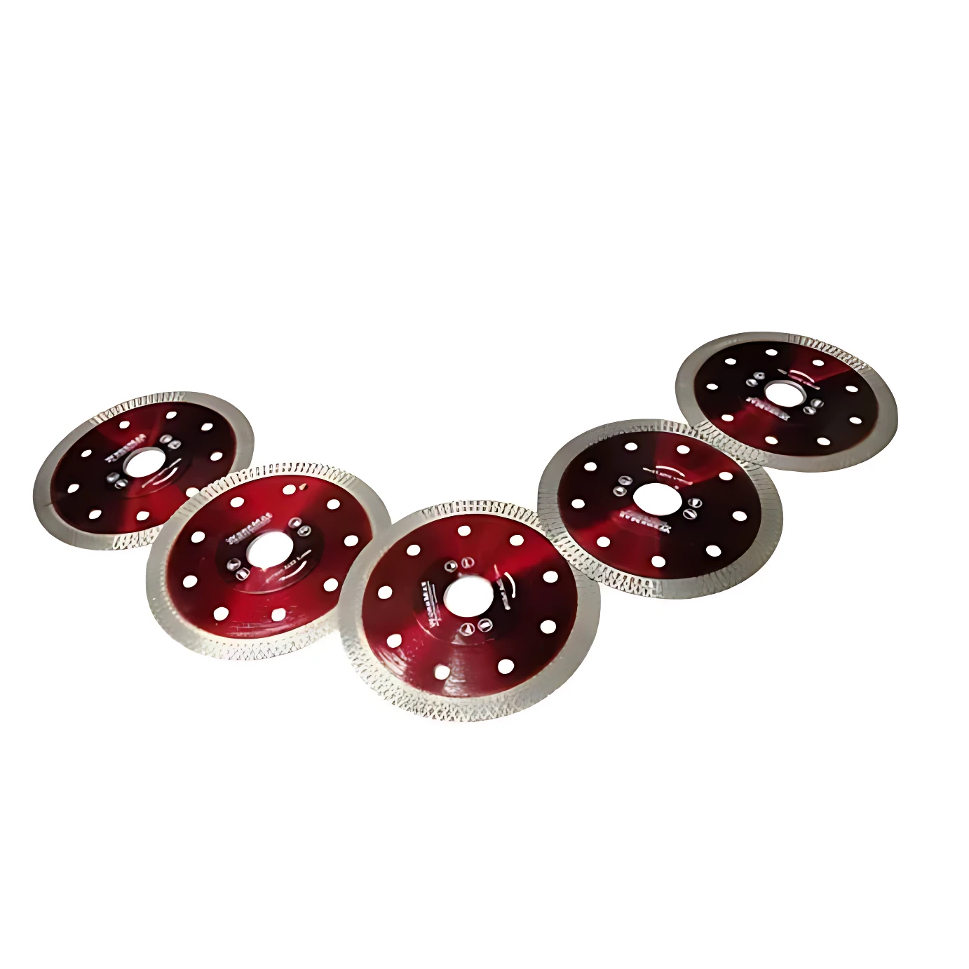 Set de dos discos de corte diamantado Turbo Plus, color rojo con bordes dentados, diseñados para cortar cerámica y porcelanato sin astillas.