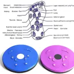 Disco de torsión para ejercicio aeróbico y reflexología, con diagrama anatómico de la planta del pie y dos unidades en colores azul y magenta.