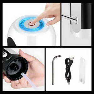 Dispensador automático de agua para botellón 5 galones, con botón táctil iluminado en azul, mango metálico y accesorios incluidos: llave Allen, cable USB y tapa de repuesto.