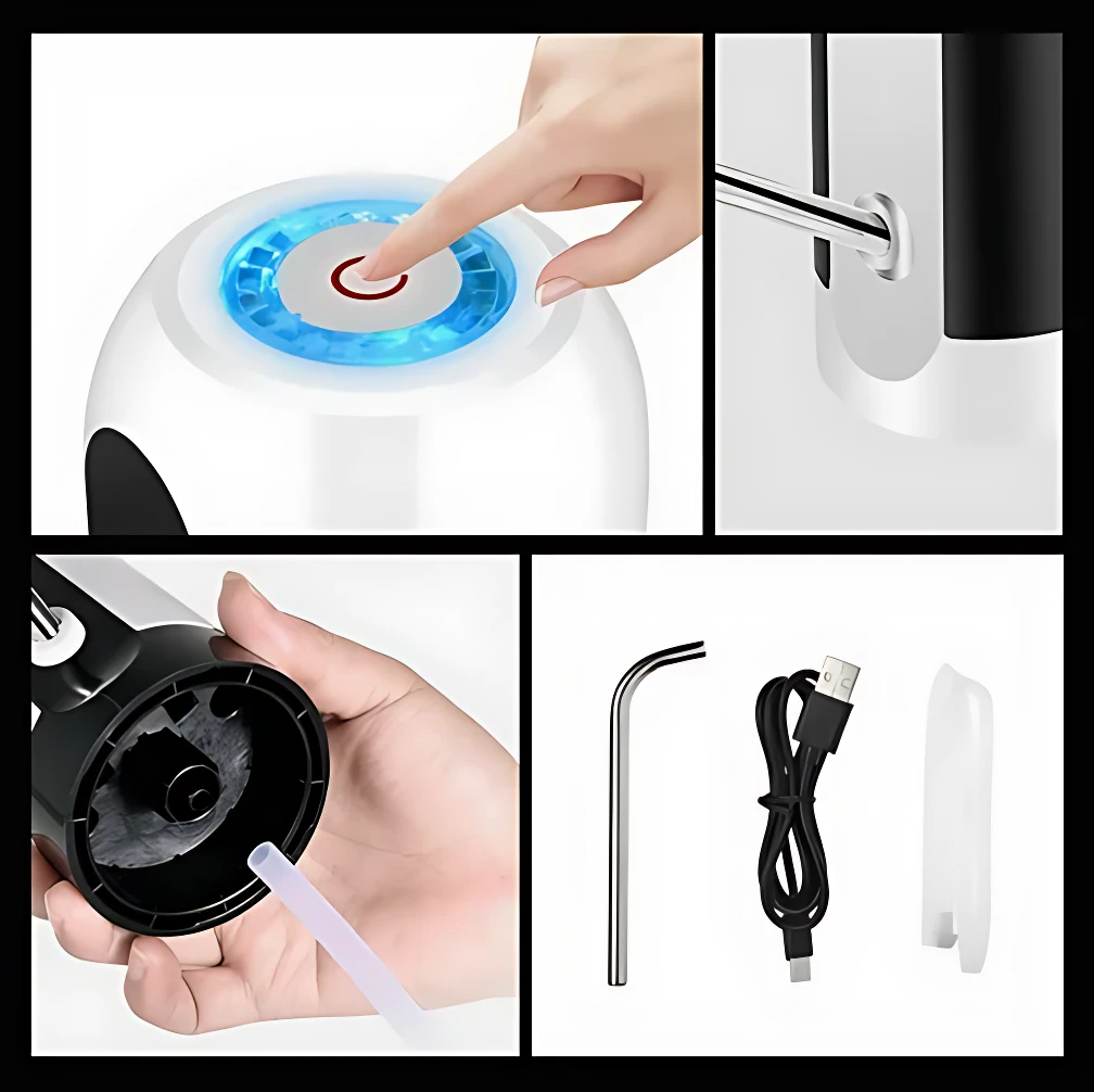 Dispensador automático de agua para botellón 5 galones, con botón táctil iluminado en azul, mango metálico y accesorios incluidos: llave Allen, cable USB y tapa de repuesto.