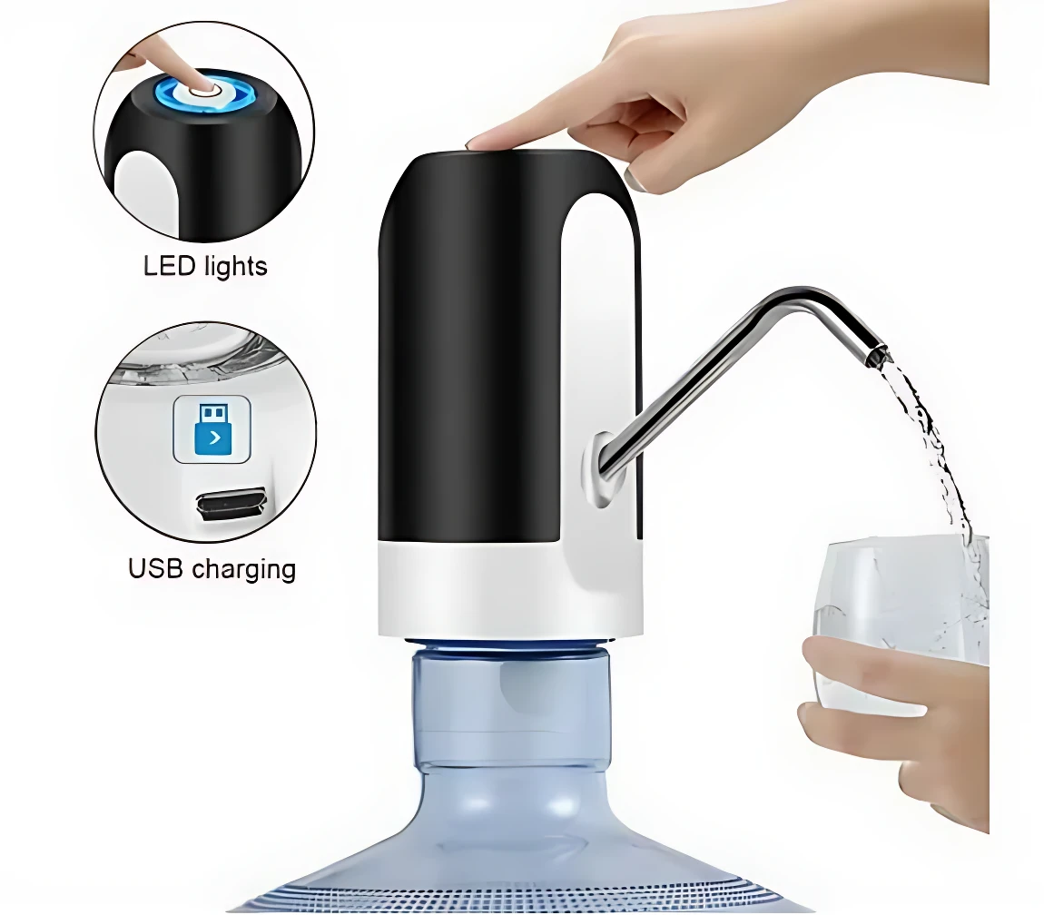 Dispensador automático negro y blanco para botellón de 5 galones, con luz LED y carga USB, mostrando flujo de agua al llenar vaso.