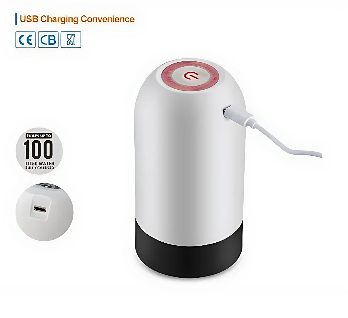 Dispensador automático de agua blanco con base negra, cable USB conectado y botón rojo en la tapa. Incluye puerto de carga lateral visible.