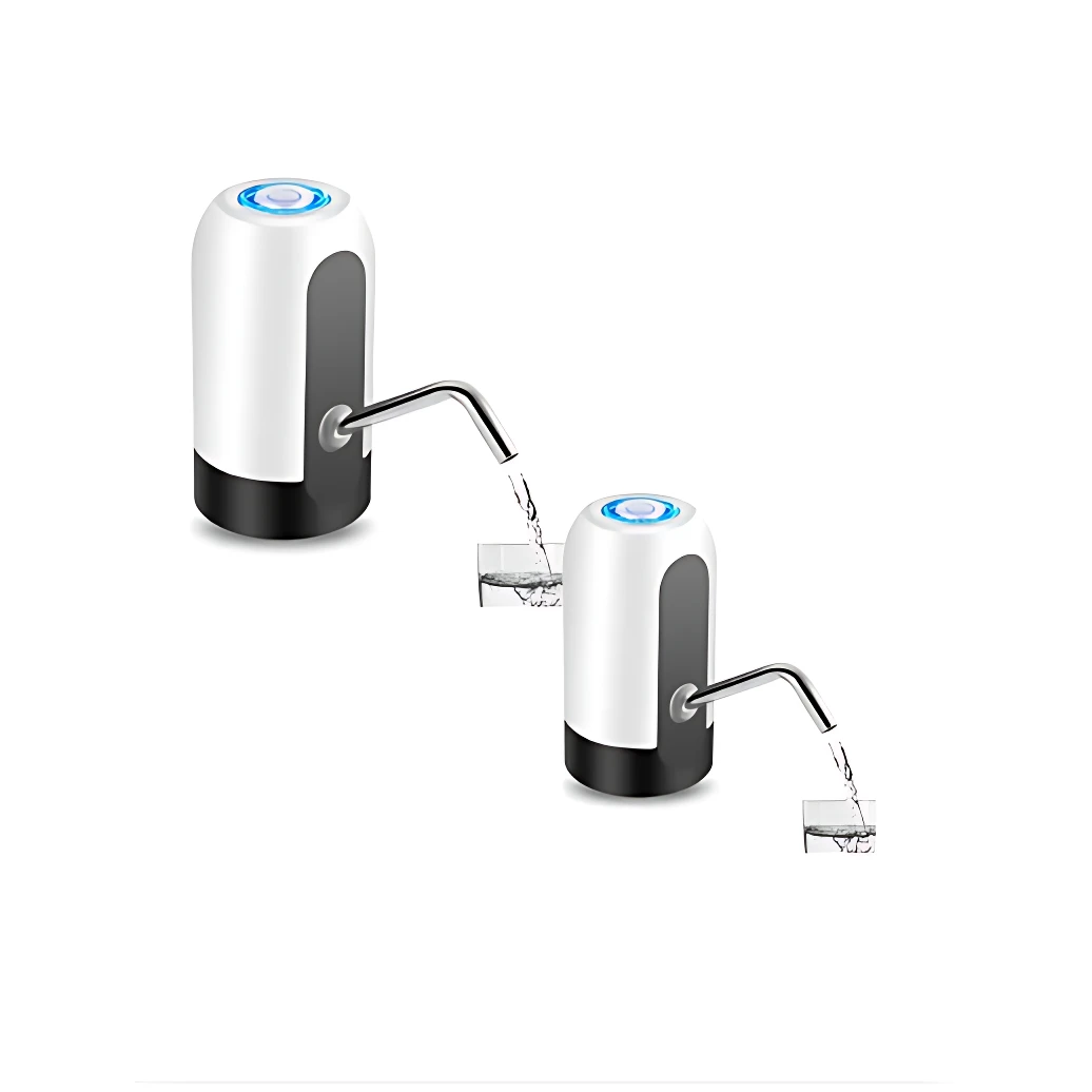 Dispensador automático de agua para botellón 5 galones, color blanco con detalles negros y azul, mostrando dos unidades en uso con flujo de agua hacia recipientes.