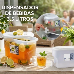 Dispensador de bebidas de 3.5 litros en plástico blanco con tapa y grifo integrado, mostrando variante transparente con líquido naranja y rodajas de limón, junto a vaso con bebida y detalles de uso en entorno doméstico.