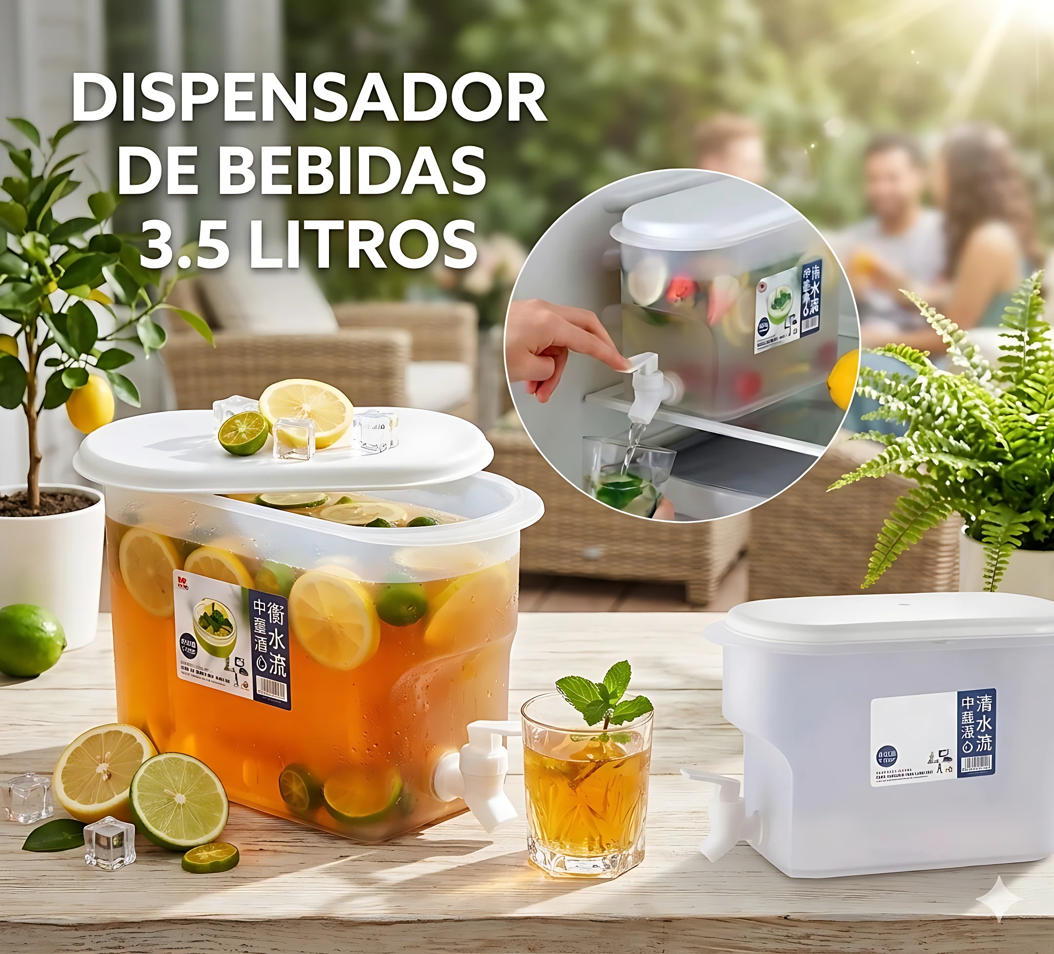 Dispensador de bebidas de 3.5 litros en color blanco, con tapa y grifo integrado para servir líquidos fríos. Incluye vaso con hielo y rodajas de limón.